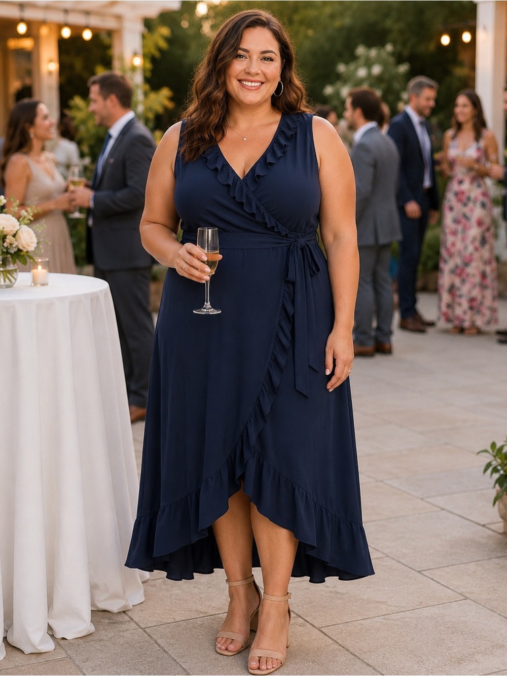 London Times Navy Ruffle Wrap Maxi Dress